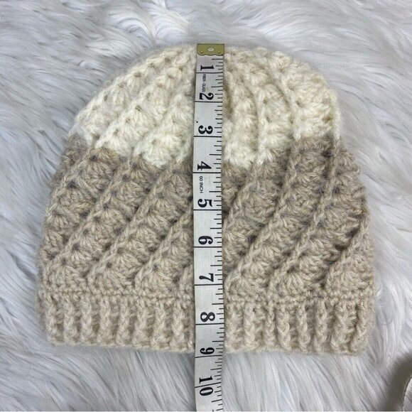 Handmade Virgin Wool Crochet Beanie Cream Beige Two Tone Cable Knit‎ Hat NEW main image 5